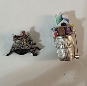 Vtg Clotilde Sewing Machine And Thimble Brooch Set Of 2